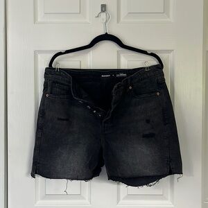 distressed black denim shorts